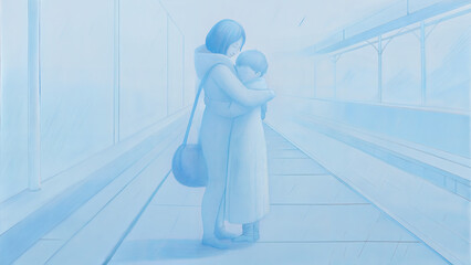 Woman embracing child at train station platform in soft blue tones  