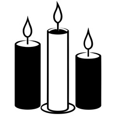 Stylized trio of burning candles in black and white graphic icon