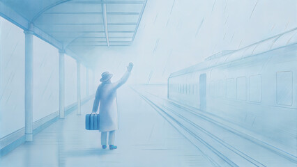 Man waving goodbye at train station during rainy weather  