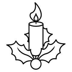 Simple line art christmas candle with holly leaves and a berry