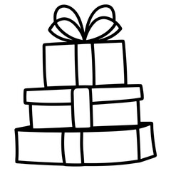 Stacked gift boxes with bow line art icon on white background