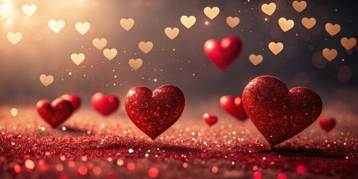 Romantic valentines day background with sparkling red hearts and bokeh lights