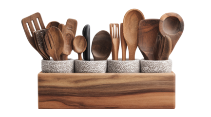Wooden kitchen utensils in a rustic wooden organizer