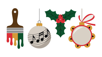 Christmas Decorations and Musical Instrument: A collection of festive decorations and a musical instrument, each meticulously designed to evoke holiday cheer.