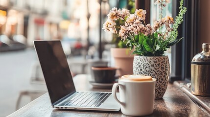Productive morning desk setup with laptop and coffee 