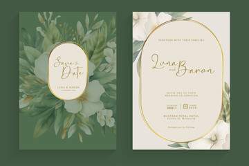 Aesthetic Wedding Invitation with Watercolor Greenery Leaves and branch