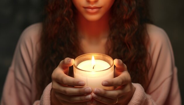 Woman with beautiful burning candle, closeup - Powered by Adobe