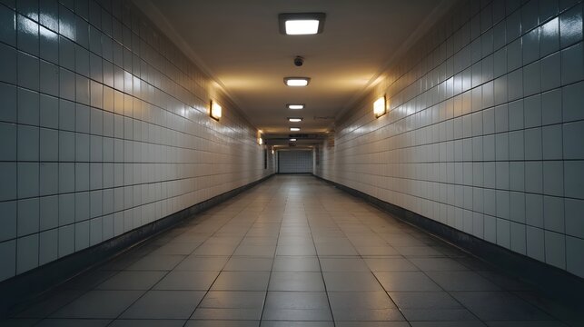 An empty long tiled subway tunnel corridor with symmetrical overhead and wall lighting creating a moody atmospheric perspective into the distance
