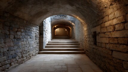 Fototapeta premium Ancient underground stone passage with arched ceiling illuminated steps leading into a dimly lit corridor