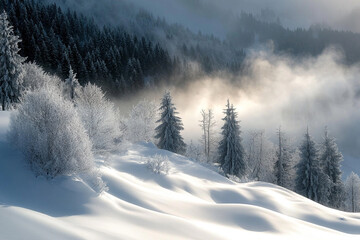 Snow-covered valley with swirling winter mist rolling over frozen trees