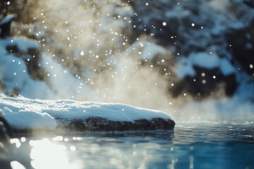 Snowflakes gently falling into a steaming hot spring
