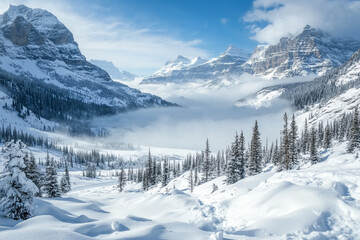snowstorm clearing to reveal valley wrapped in thick winter fog