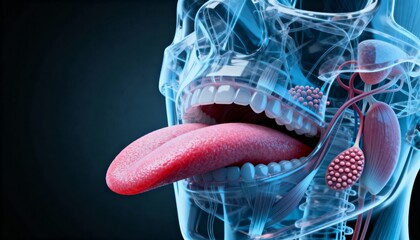 Medically accurate 3D render of the human tongue and the major salivary glands (parotid, submandibular, and sublingual) in the oral cavity.