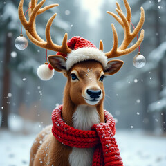 Festive reindeer illustration. The deer wears a red Santa hat, a red scarf, and has baubles hanging from its antlers, set in a snowy background.