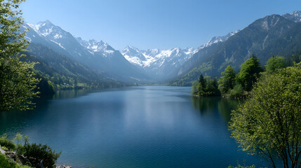 Kristallklarer Bergsee mit Alpenpanorama und blauem Himmel
