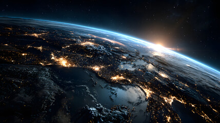 Sonnenaufgang über der Erde aus dem Weltraum mit leuchtenden Städten 