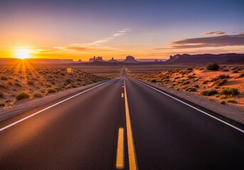 Naklejka premium A road stretches into the distance toward mesas under a sunset sky in a desert landscape view