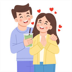 Illustration of Couple with Drink and Hearts