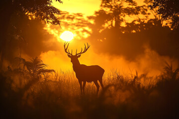 stag silhouetted against glowing tropical sunrise, mist rising from the jungle floor