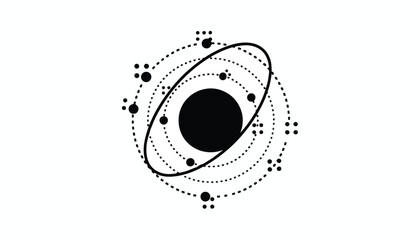 Obraz premium Abstract atom illustration with orbiting particles and central nucleus.