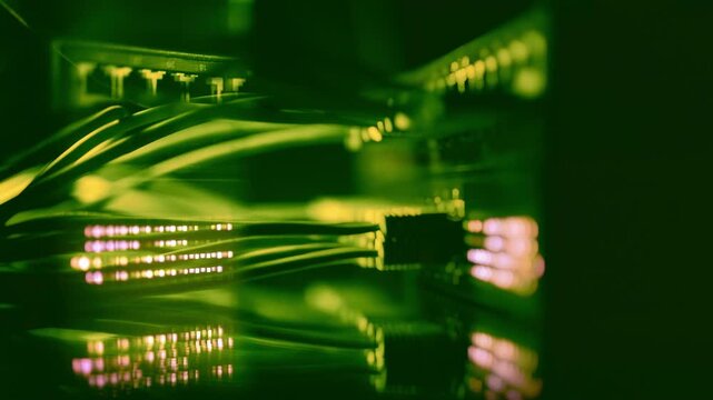 Network ports with amber and green indicators. Router activity, packet exchange and traffic routing concept