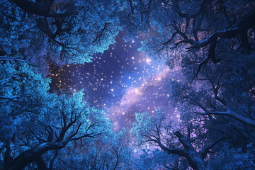 star-studded sky above an enchanted woodland, where the air is filled with the whispers of nature