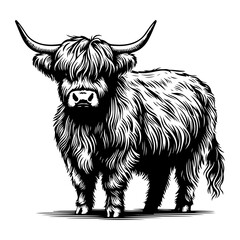 Highland Cattle Cow Vector Black and White Illustration — detailed hand-drawn farm animal artwork featuring a shaggy Scottish Highland cow with long curved horns and thick fur coat.