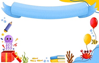certificate for children decorated with frames Illustrations of marine life and cute school elements 