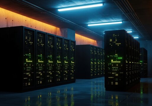 Rows of server racks with glowing green lights in a dark data center - Powered by Adobe
