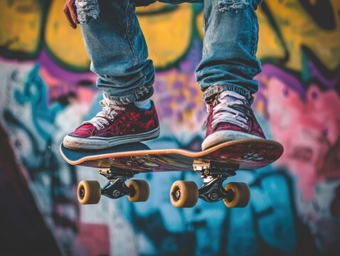 Skateboarder in mid-air wearing jeans and red shoes. Graffiti visible on the background wall. AI.