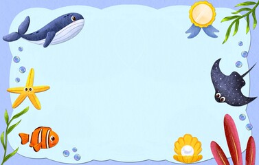 Certificate frame for children with cute underwater life illustrations