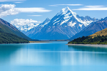 stunning turquoise alpine lake nestled between towering, snow-capped mountains