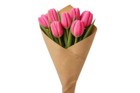 Pink tulip bouquet wrapped in kraft paper, transparent background