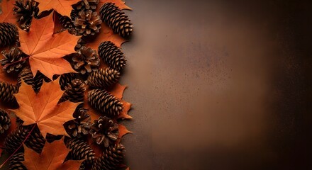 Autumn arrangement of maple leaves and pine cones on a brown background