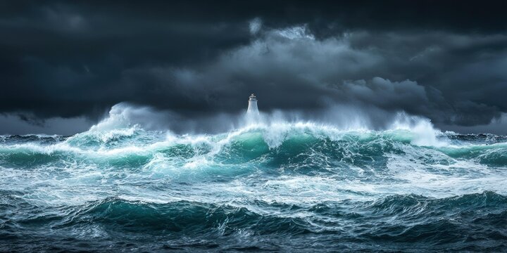 A lighthouse stands behind huge waves, under a cloudy sky. AI.