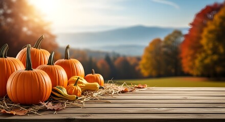 Autumn harvest display of pumpkins and gourds on a rustic wooden table
