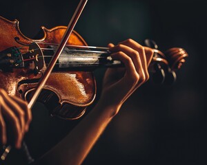 Hands play a violin, bow on strings. The instrument is glossy, and the background is dark. AI.