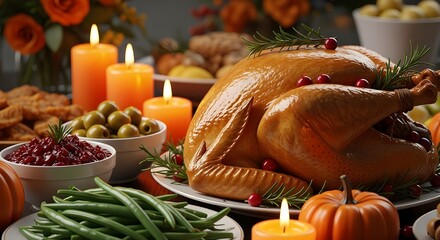 Thanksgiving dinner with roasted turkey, candles, and autumn decorations on table