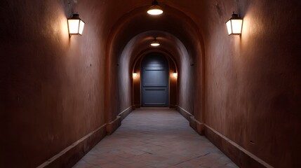 Obraz premium An atmospheric dimly lit arched corridor with textured terracotta walls vintage lantern lighting and a dark wooden door at the far end