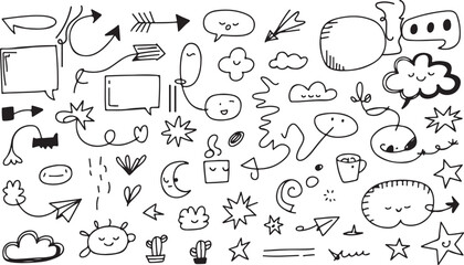 Hand-drawn doodle icon set, a cartoon sketch collection of vector symbols for web, food, music, and business illustration design