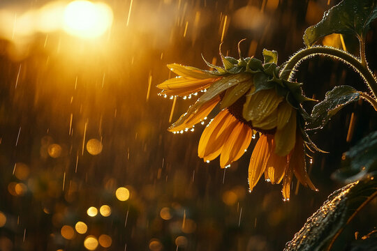 sunflower bending under the weight of raindrops, glowing in the evening sun - Powered by Adobe