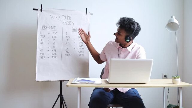 Confident young teacher explains English verb tenses via online lesson with laptop and whiteboard