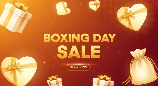 Boxing day sale banner with gifts and hearts on orange gradient background