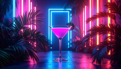 Neon Cocktail in a Tropical Oasis with Vibrant Pink and Blue Lighting