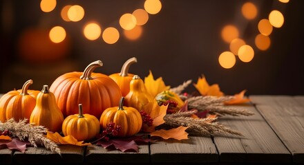 Festive thanksgiving display with pumpkins and autumn leaves on wooden table