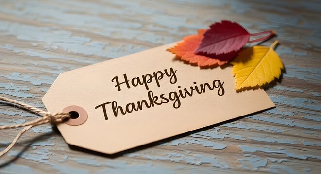 Happy thanksgiving tag with colorful autumn leaves on a wooden surface