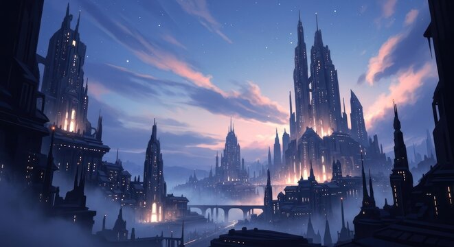 A futuristic cityscape with towering skyscrapers and glowing lights at dusk.