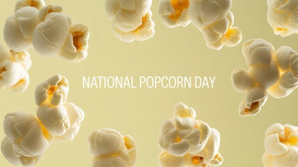 National Popcorn Day celebration with popcorn kernels floating against a soft yellow background