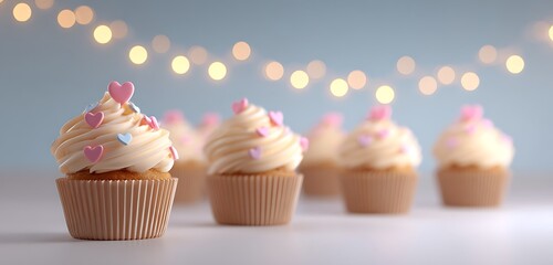 Festive cupcakes topped with cream and heart sprinkles glowing lights