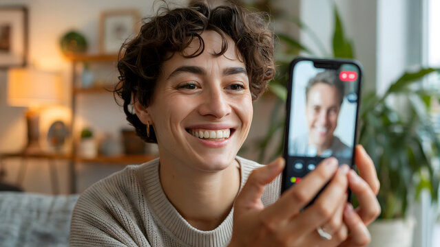 Smiling woman on video call with man, holding smartphone at home, happy couple virtual communication, long distance relationship concept. - Powered by Adobe